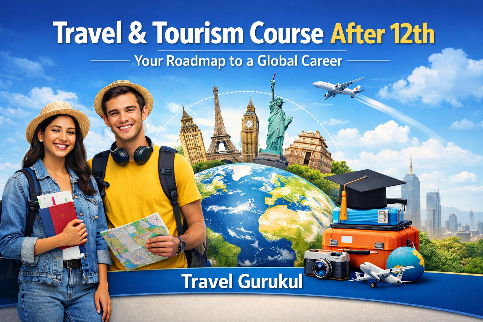 Two students holding travel documents with a world globe, Eiffel Tower, Big Ben, Statue of Liberty, airplane and luggage, promoting a travel and tourism course after 12th by Travel Gurukul.